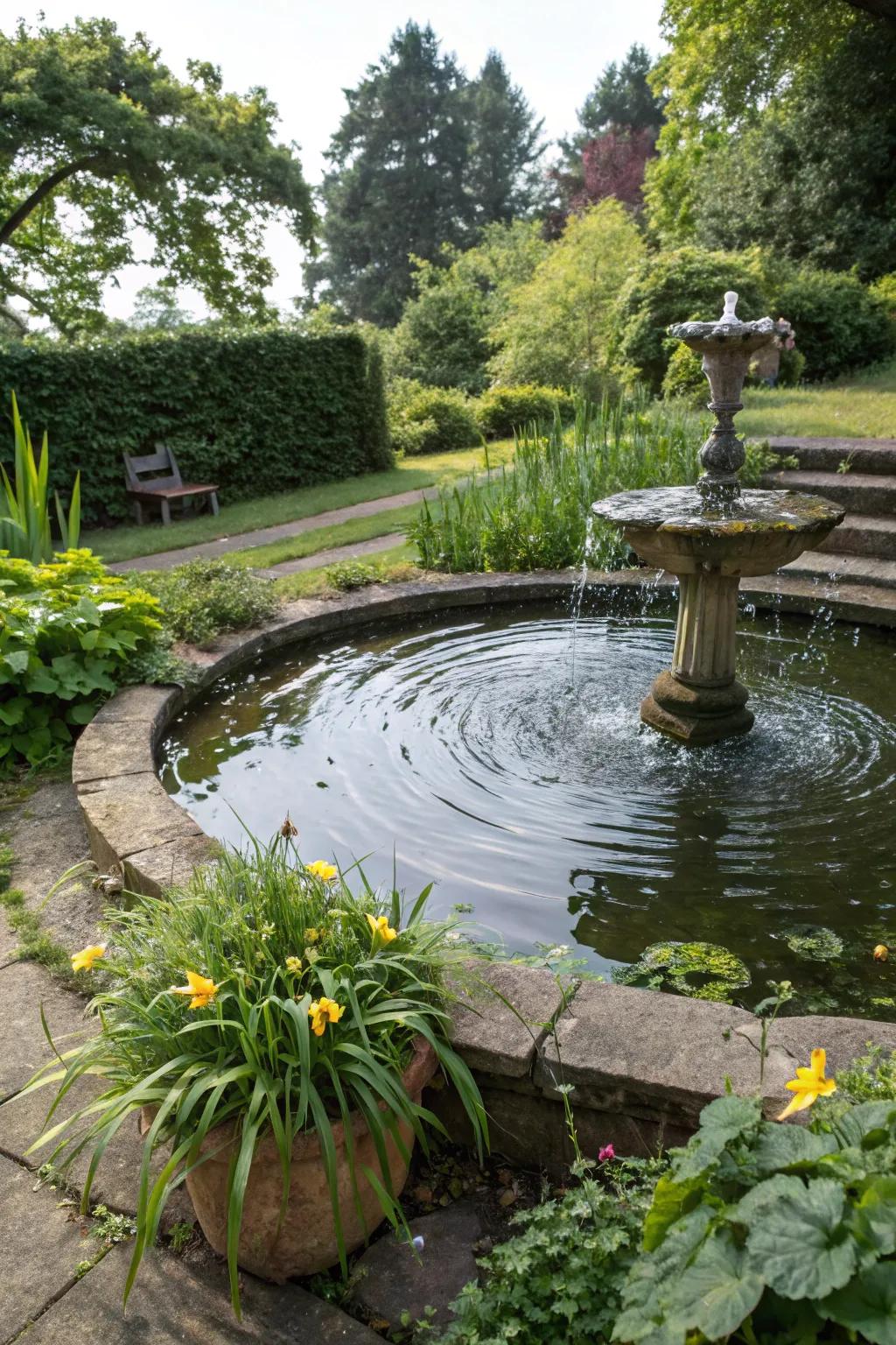 A serene garden pond with a fountain adds a tranquil element to the landscape.