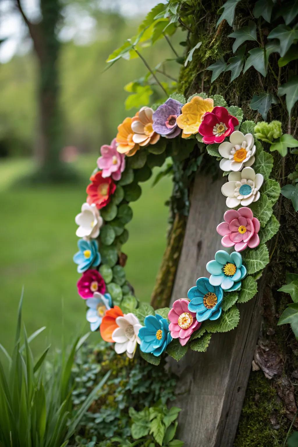 An eco-friendly wreath made from recycled materials.