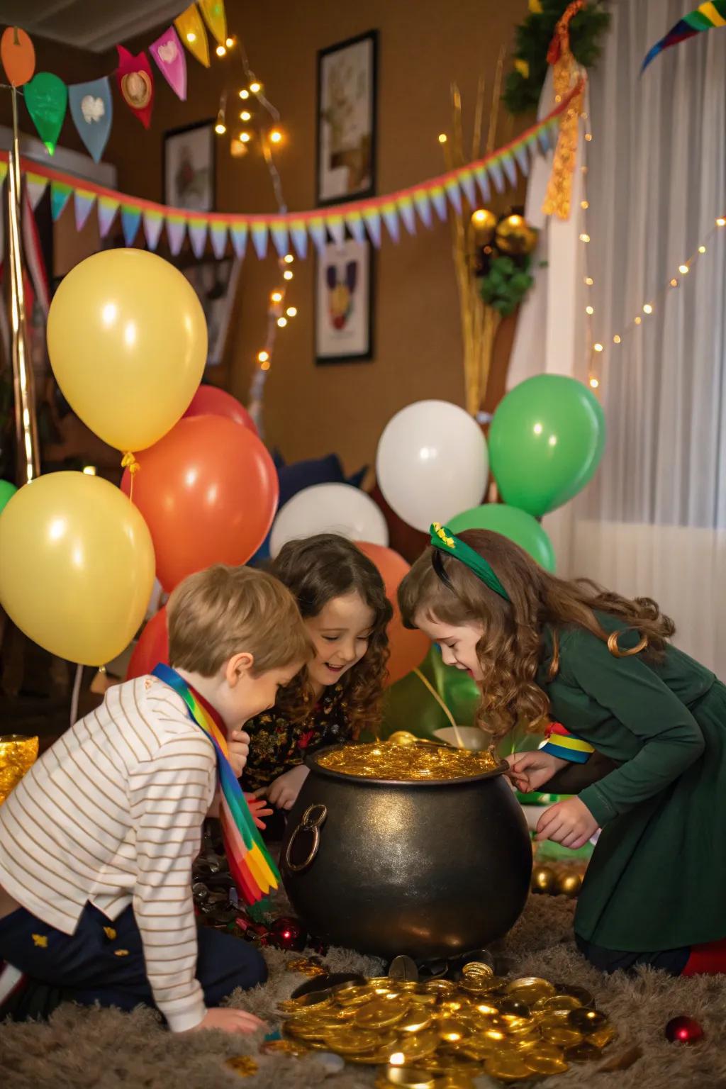 Kids' surprise captured as they find a pot of gold.