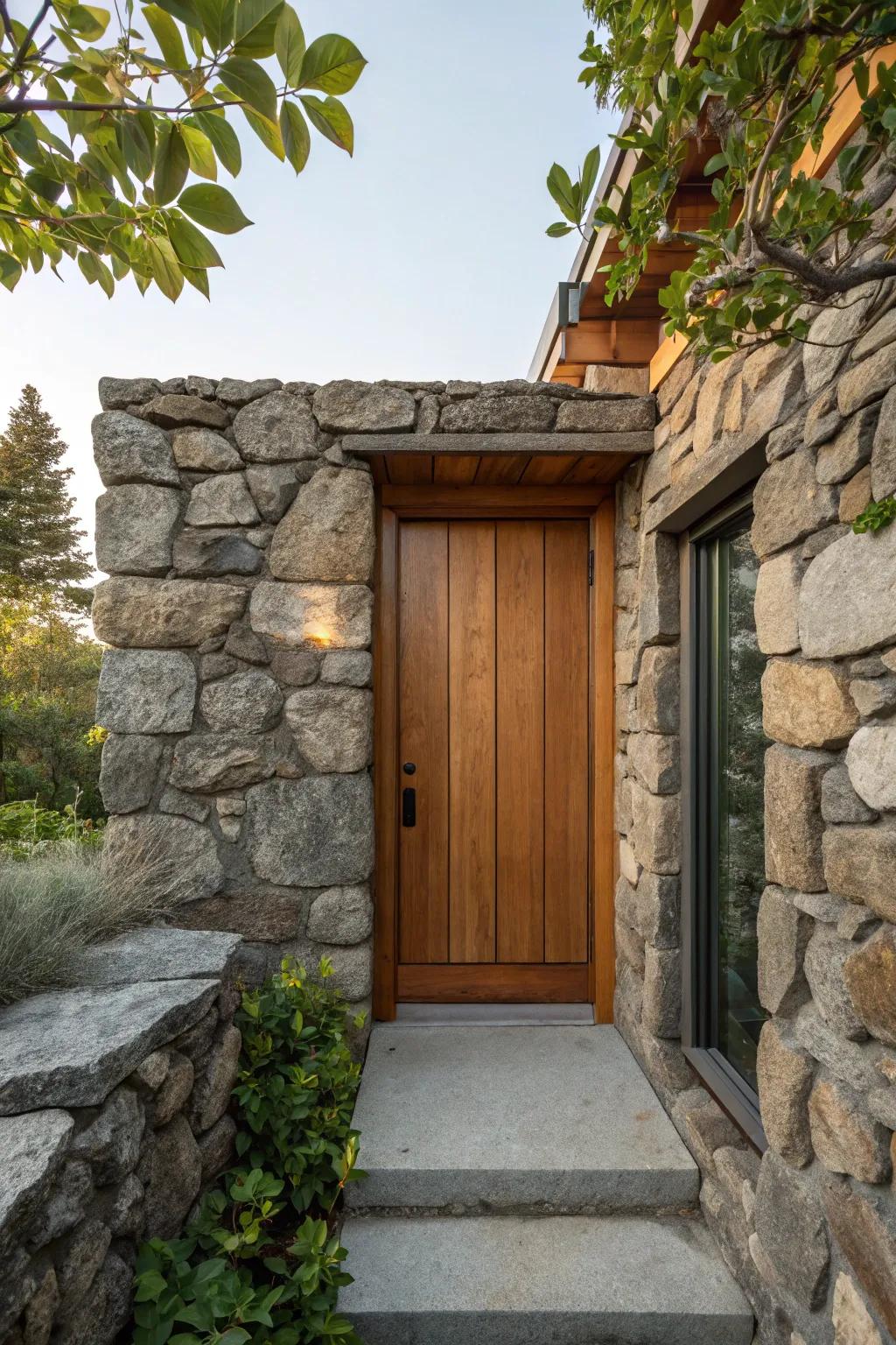 Mixing stone with wood creates a dynamic entrance.