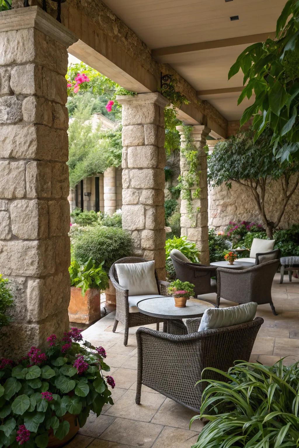 Stone pillars add intimacy and charm to your outdoor space.