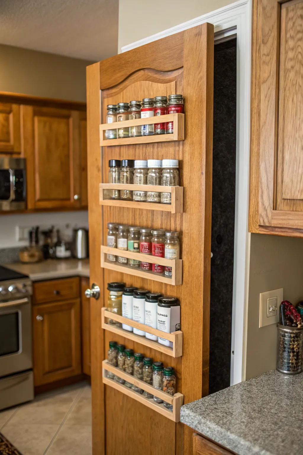 Kitchen door featuring a mounted spice rack.