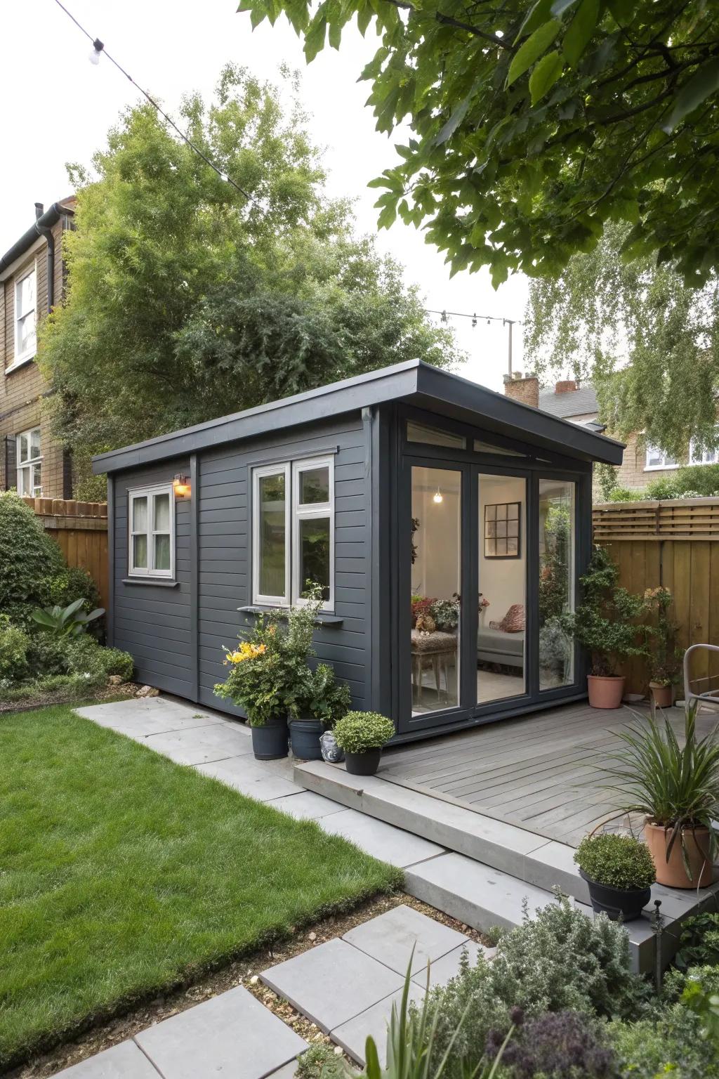 A sleek summer house in chic charcoal, perfect for urban gardens.