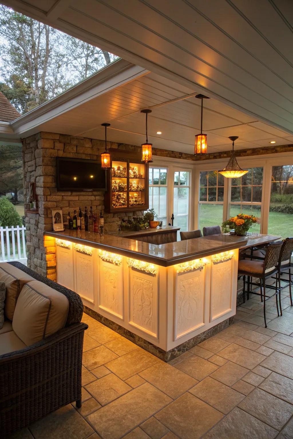 Accent lighting highlights features and adds warmth to your sunroom bar.