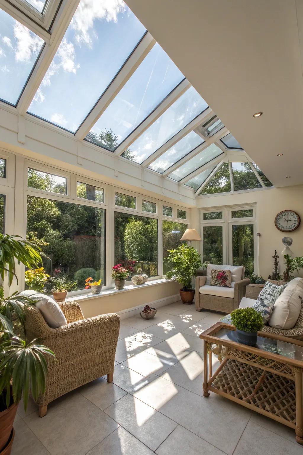 Skylights in a sunroom bring in a heavenly glow.