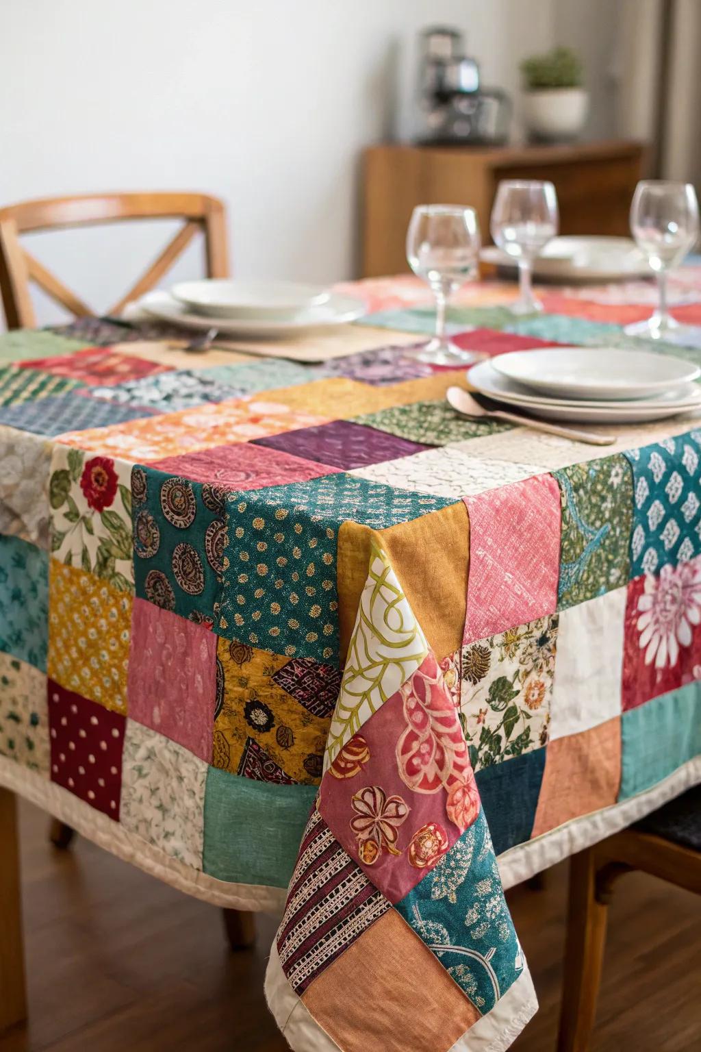 Patchwork table covers add a personal and creative touch.