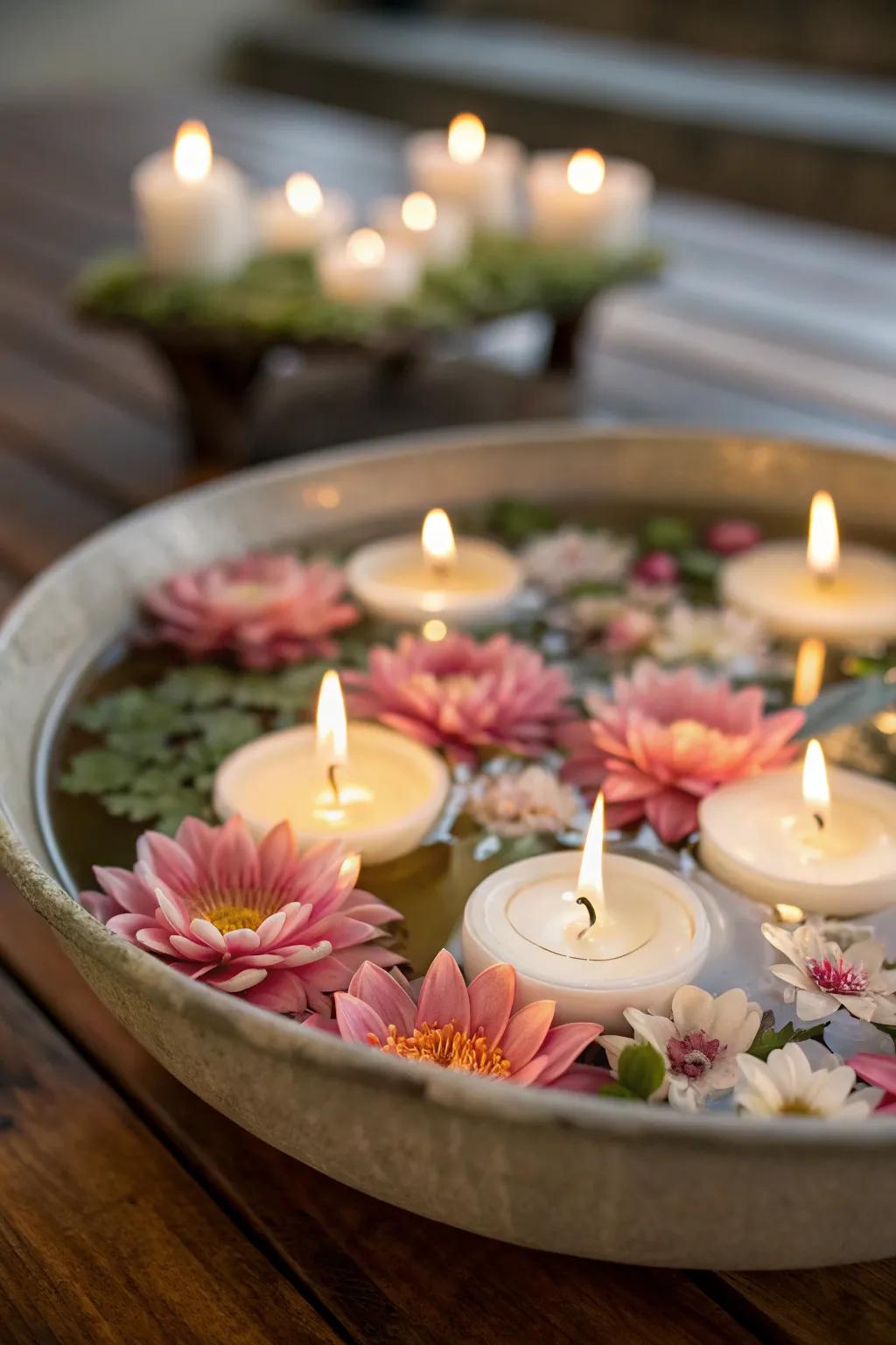 A dreamy centerpiece with floating floral candles and flower heads.