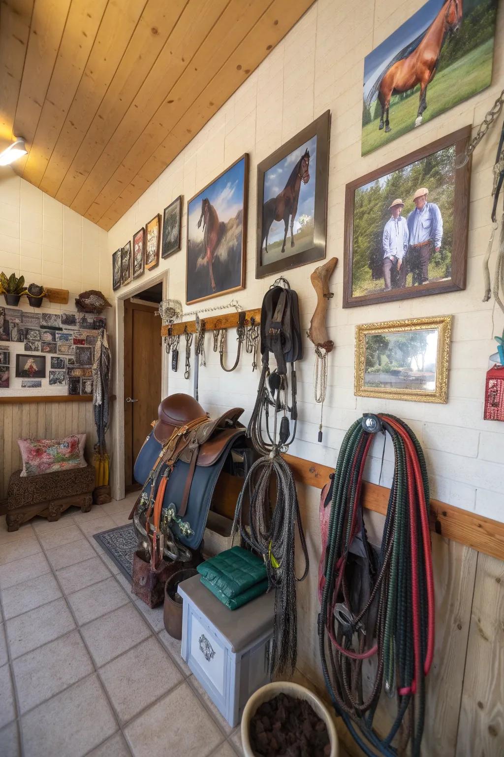 Decorative elements adding personality to a tack room.