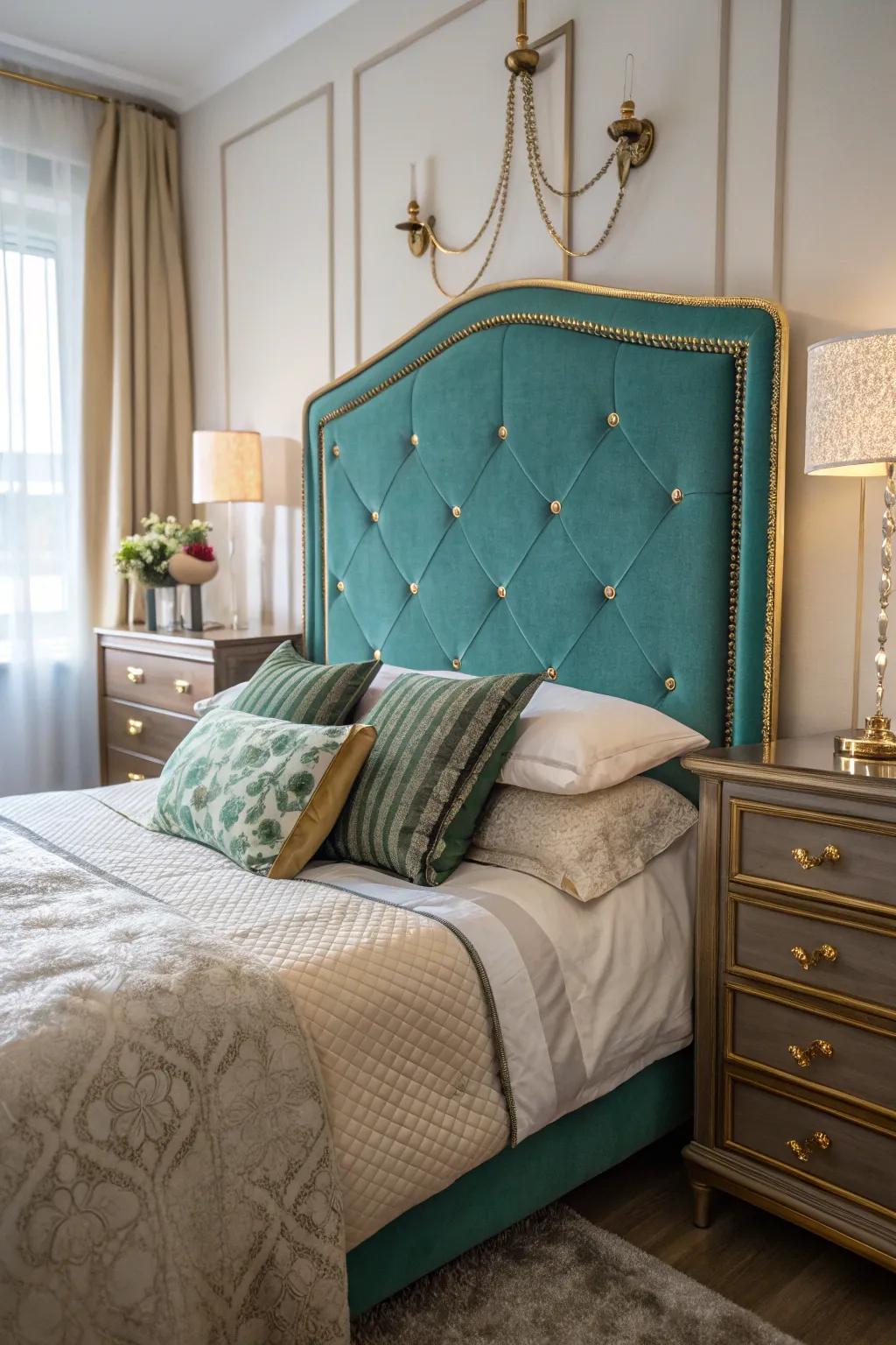 A teal upholstered headboard serves as a stylish focal point in this bedroom.