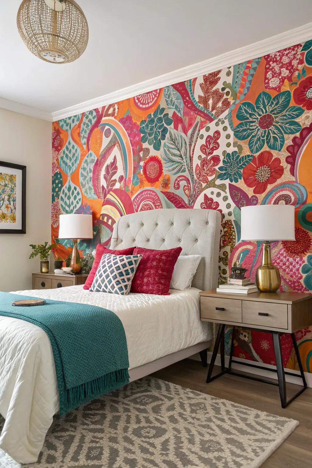 Vibrant peel-and-stick wallpaper transforms a temporary wall in seconds.