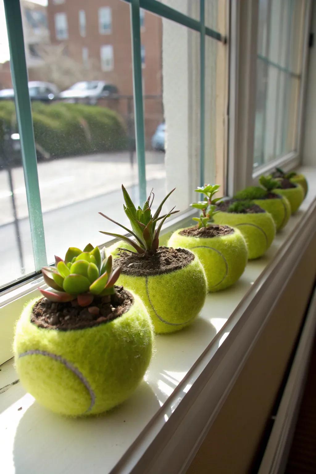Tennis ball planters offer a green, whimsical decor option.