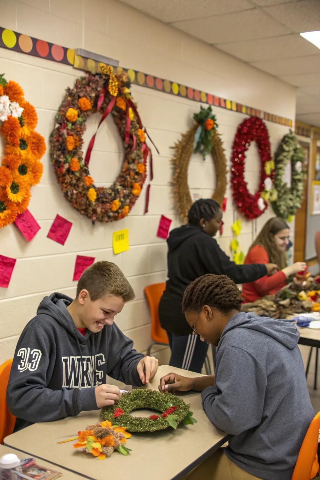 Students proudly show off their handcrafted Thanksgiving wreaths.