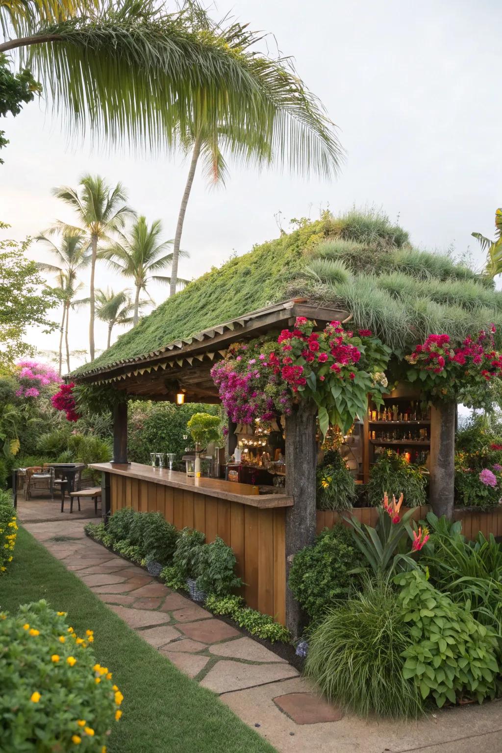 A living green roof provides a lush, eco-friendly aesthetic.