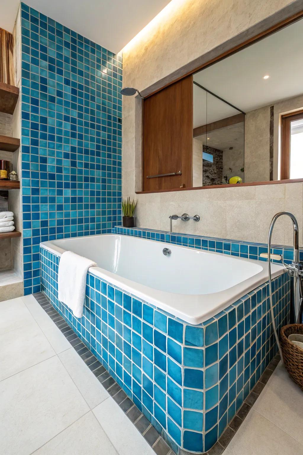 Vibrant tiles add a bold and colorful statement to your bathroom.