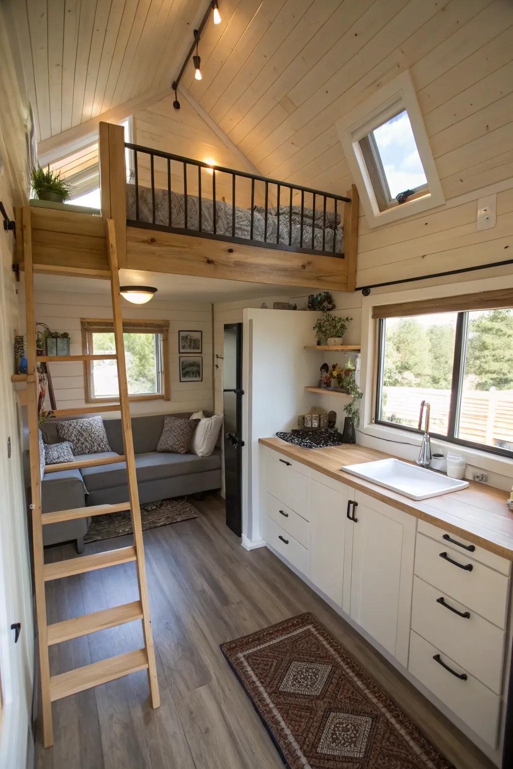 Lofted sleeping areas free up floor space in tiny houses.