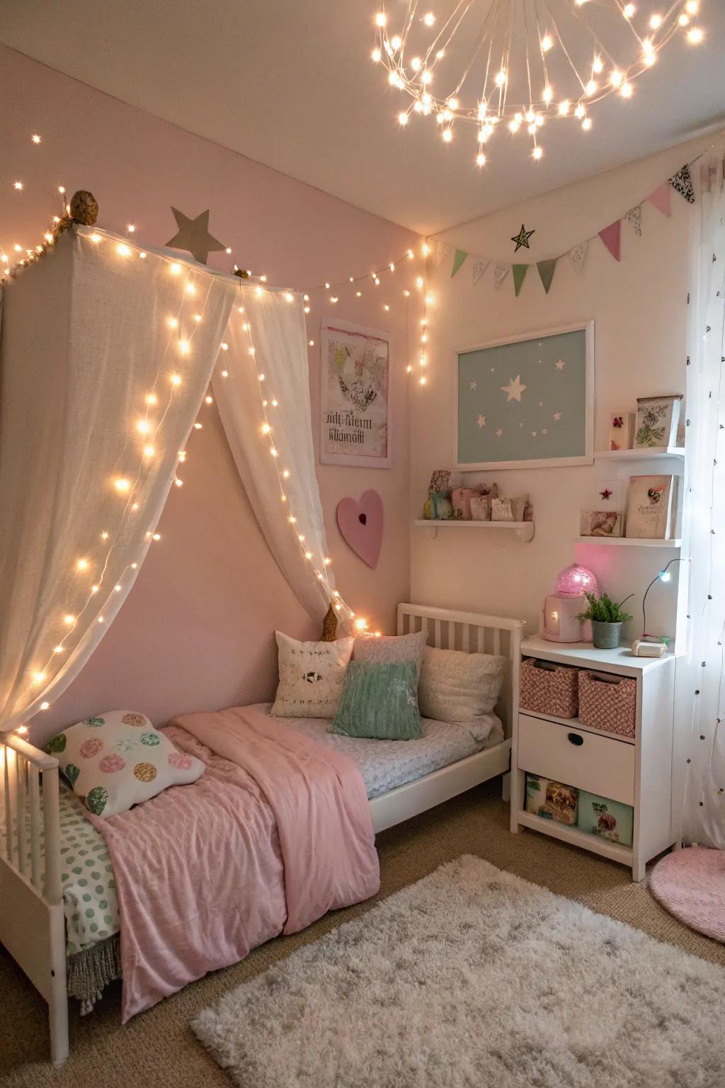 Fairy lights add a magical glow to your toddler's bedroom, perfect for bedtime stories.