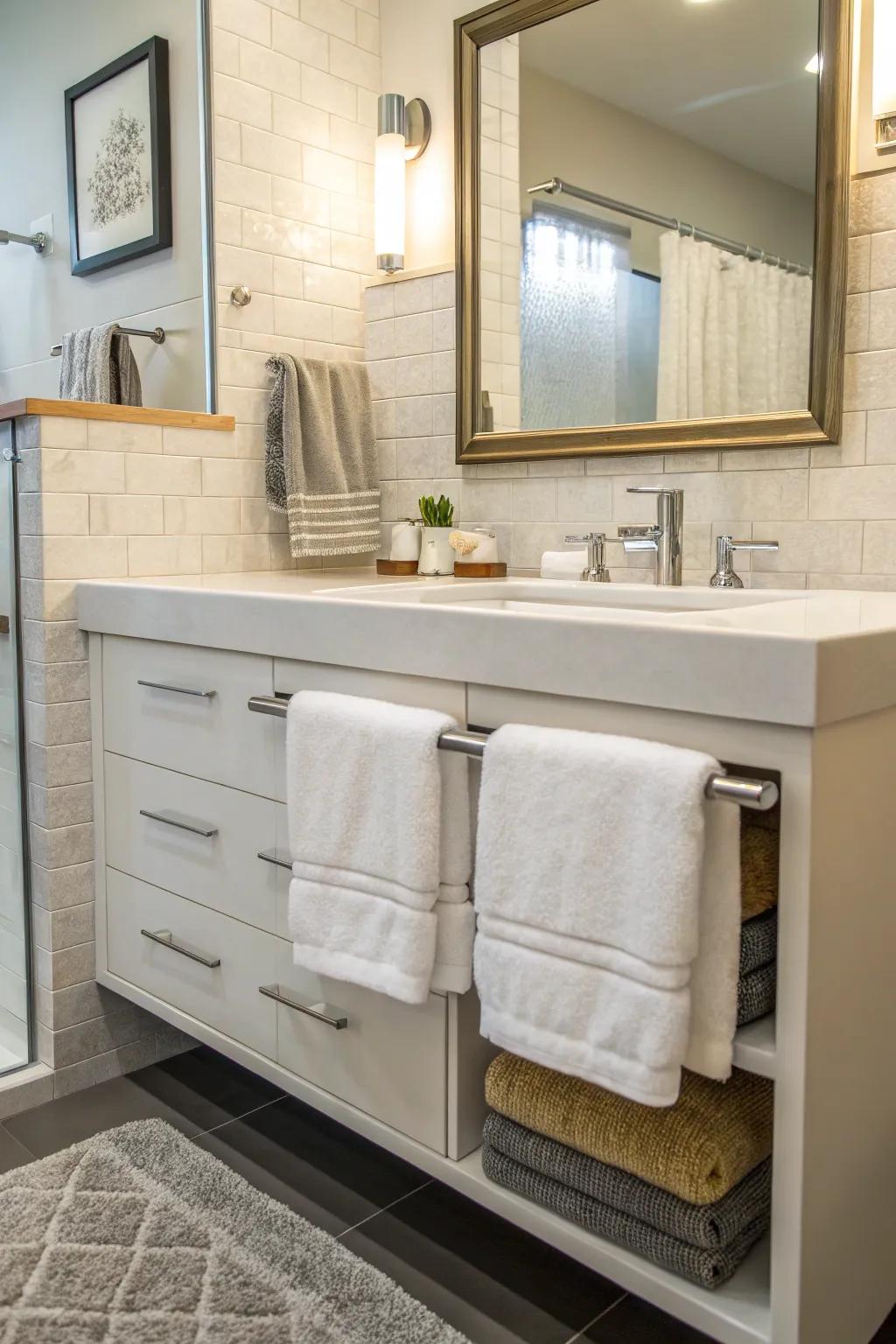 Maximize space with a towel bar installed under the sink.