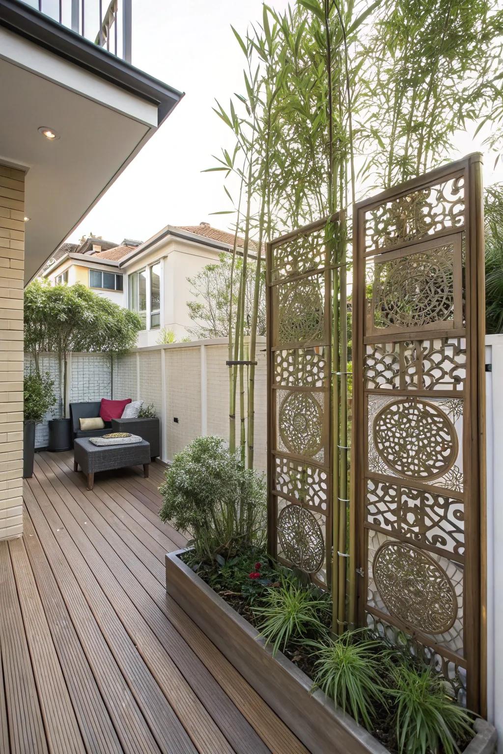 Create a private retreat with stylish screens and tall plants.