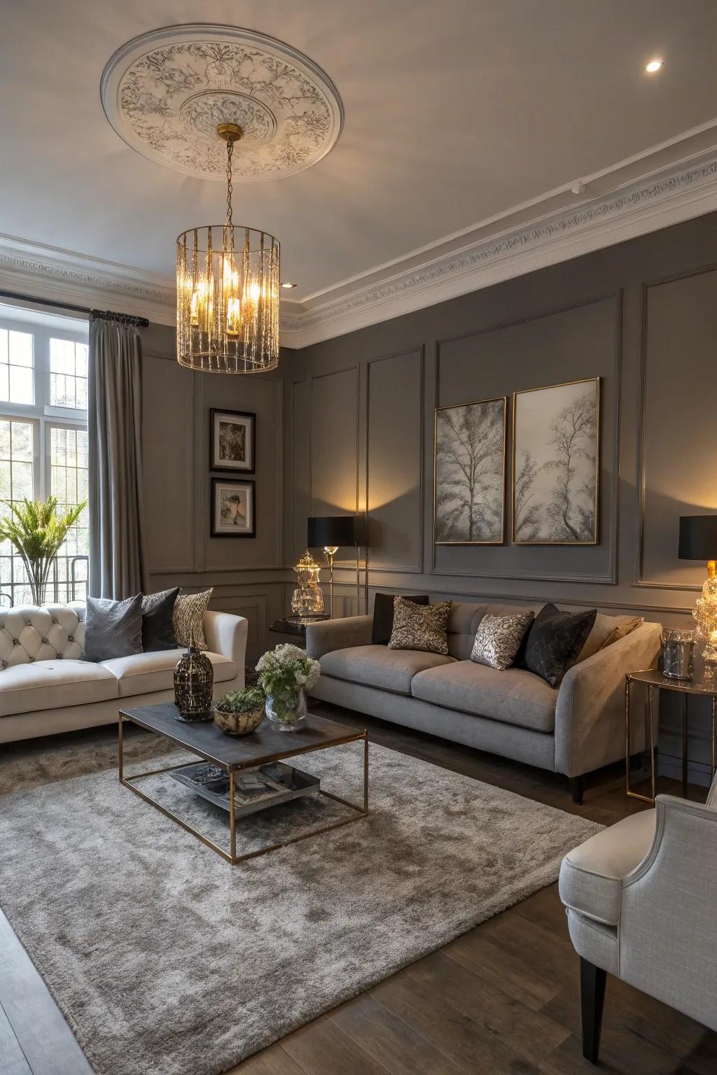 A townhouse living room with moody gray walls for a sophisticated look.