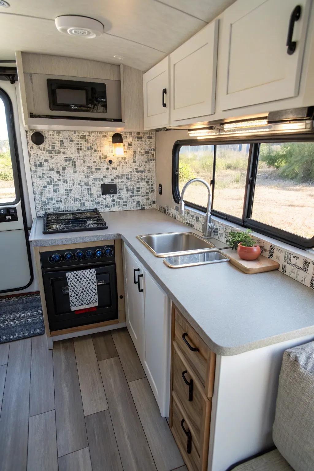 Functional backsplash designs optimize space in your RV kitchen.