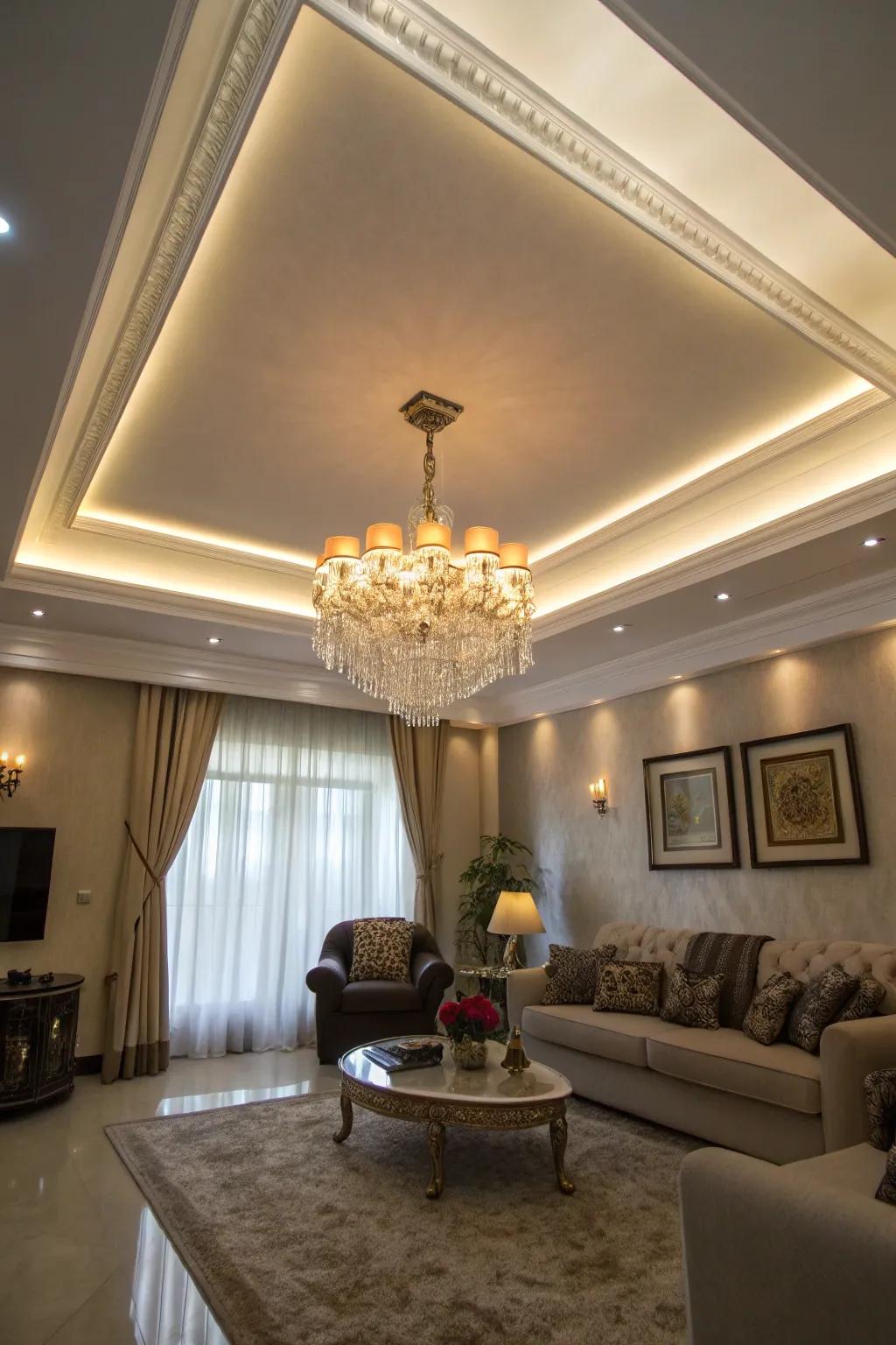 A living room with a dramatic double tray ceiling and layered lighting.