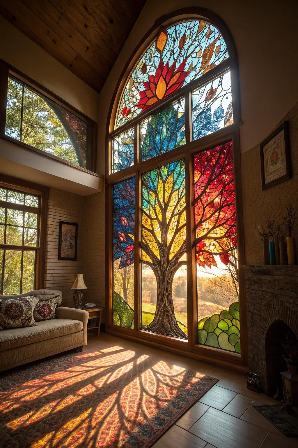 Colorful stained glass Tree of Life window fills a room with light.