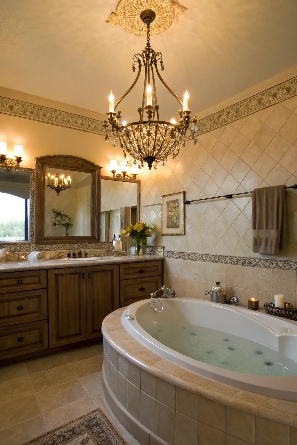 A tub deck elegantly illuminated by an ornate chandelier.