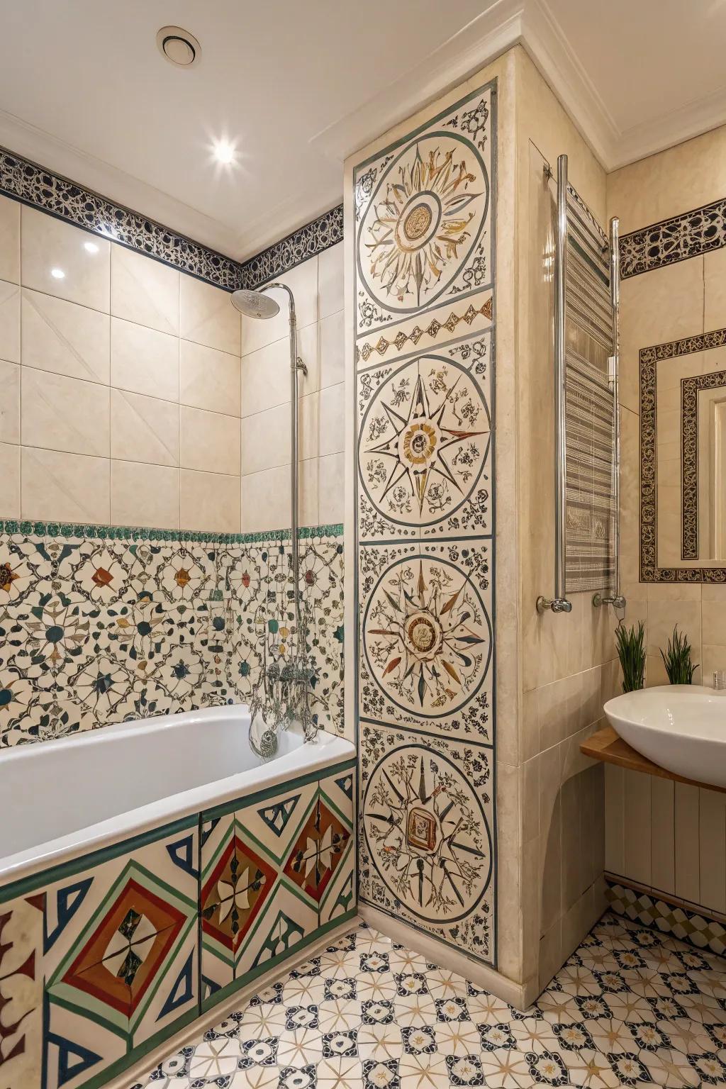 Intricate tile accents bring texture and visual interest to the tub and shower area.