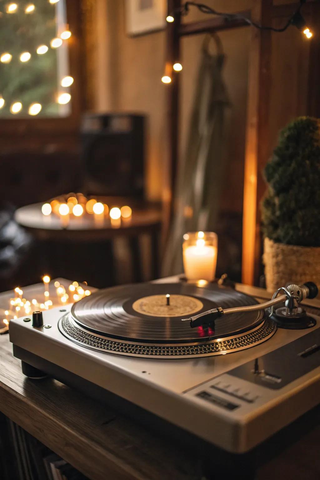 Warm lighting enveloping a turntable in a cozy glow.