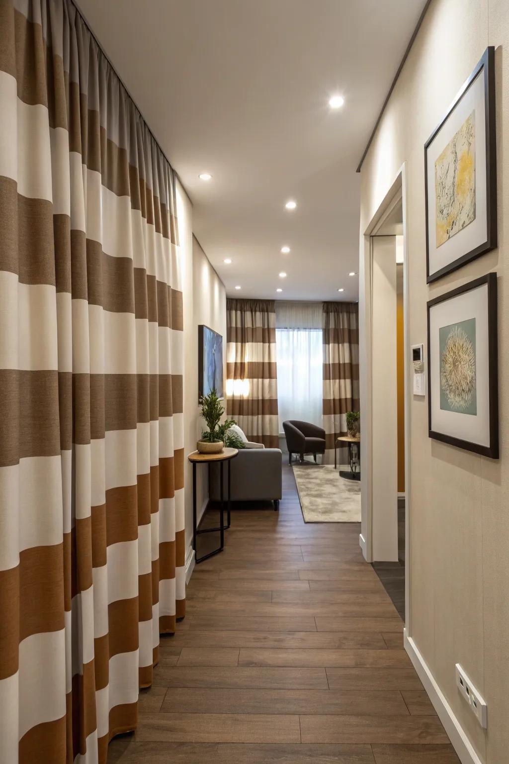 Horizontal stripes in two tone curtains widening a narrow hallway.