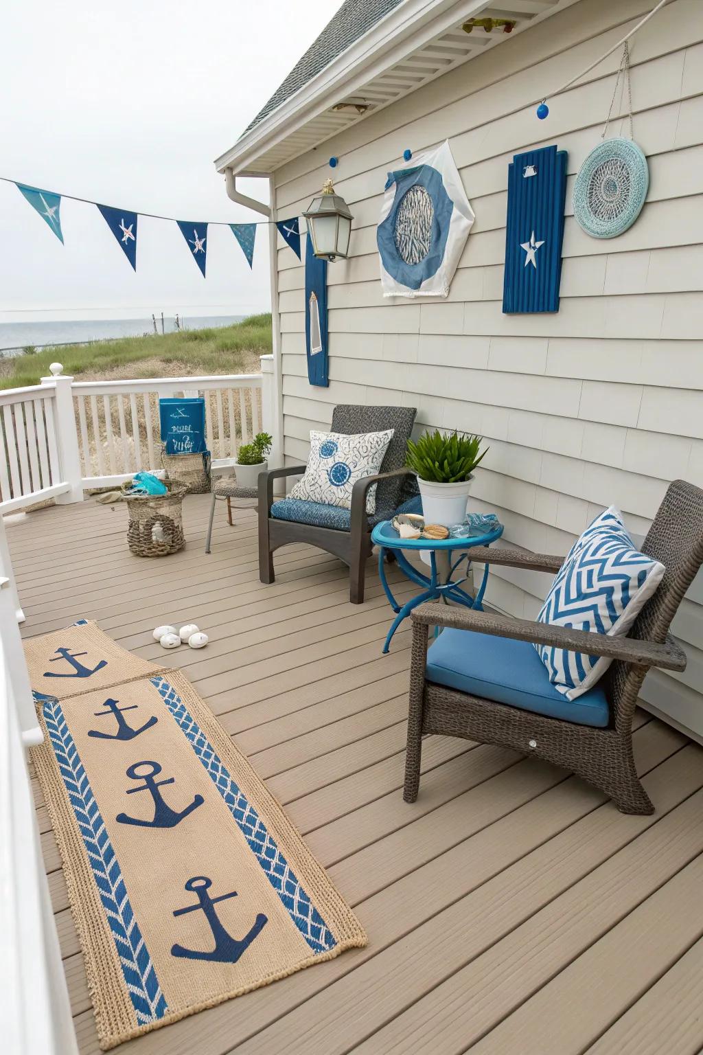 Natural beige and deep blue bring a touch of coastal charm to your deck.