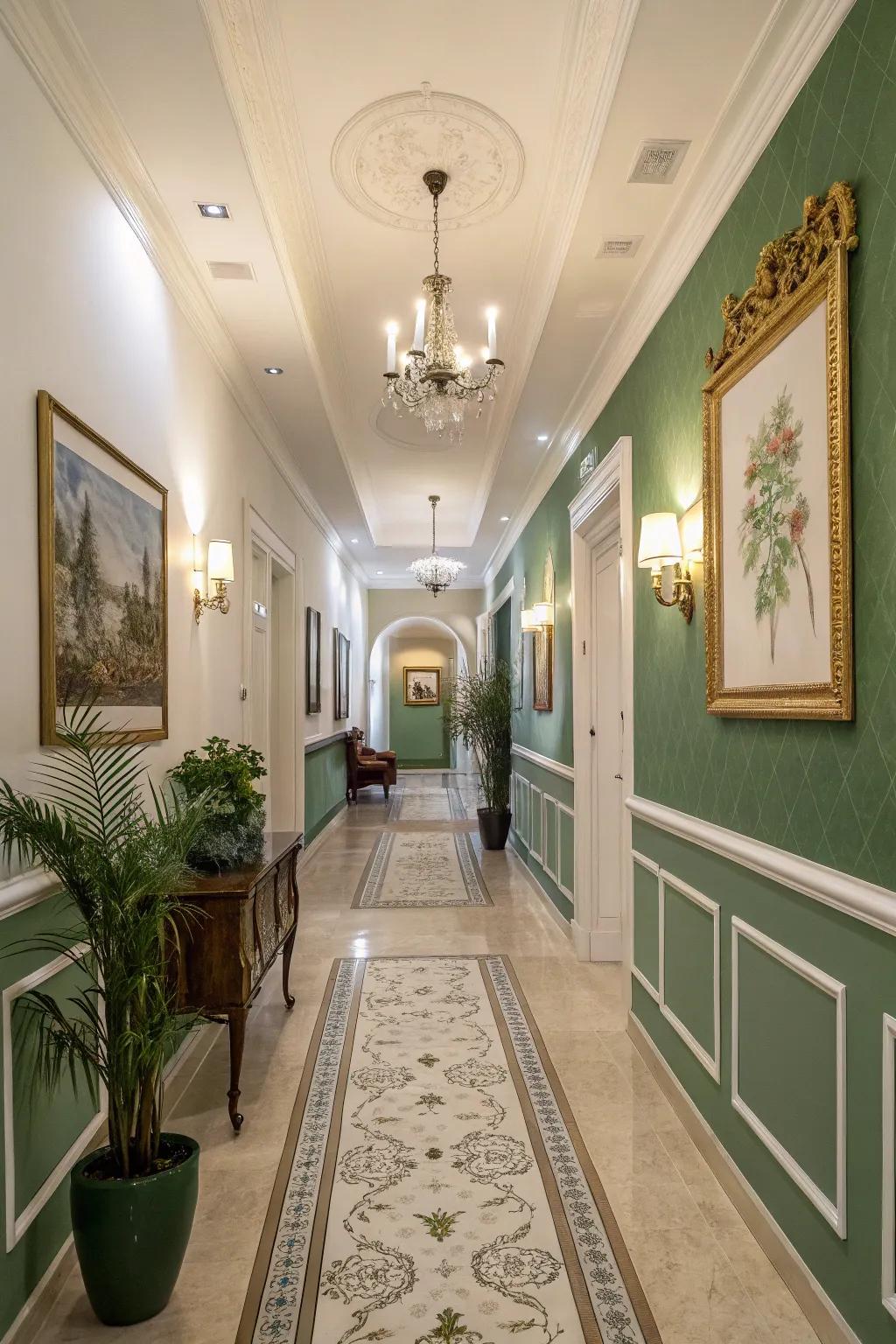 Green and white tones create a welcoming hallway transition.