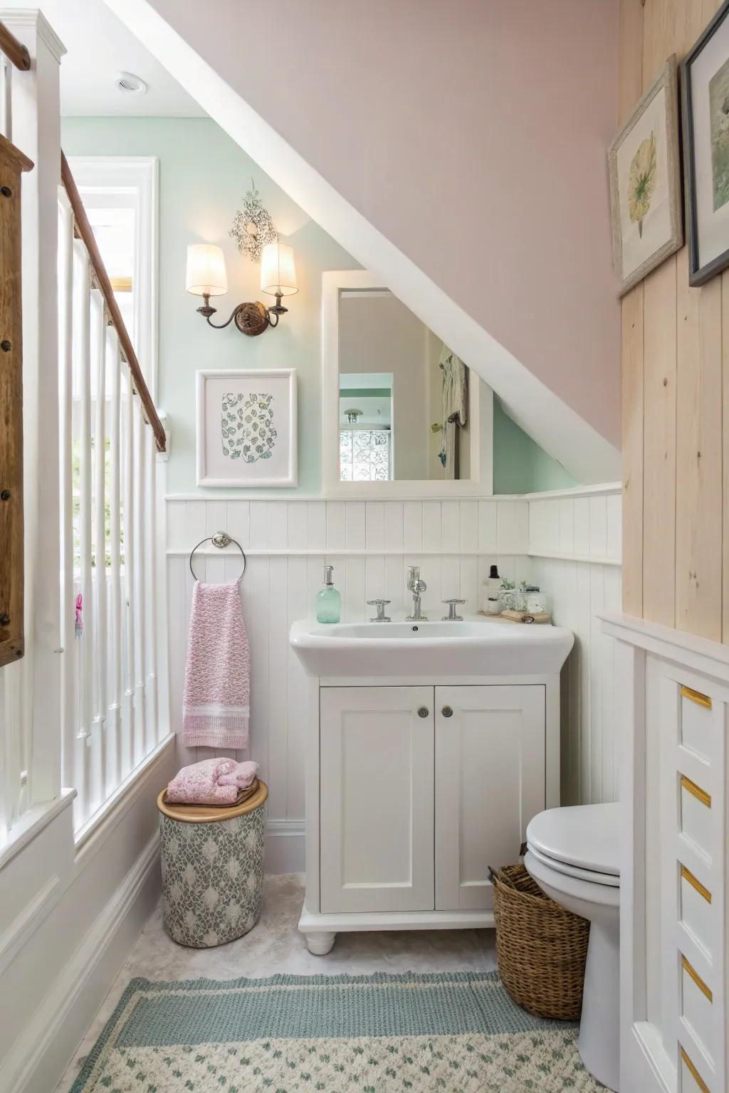 An under-stair bathroom with a bright color scheme for an open and inviting feel.