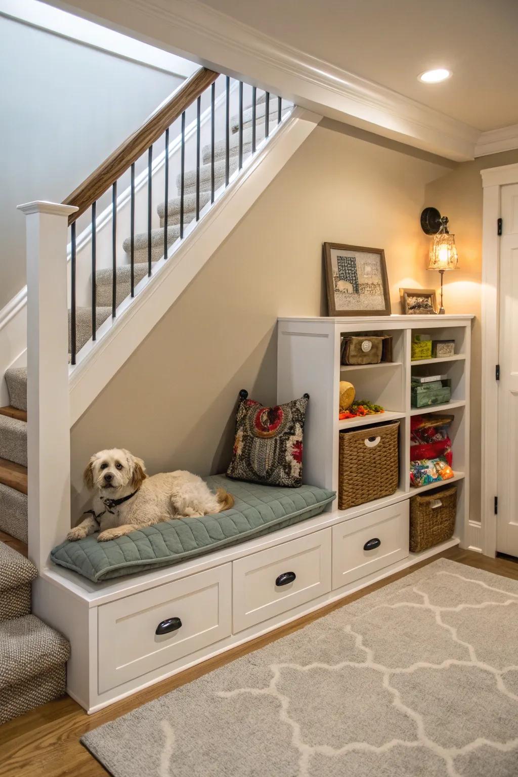 A pet haven under the stairs is a thoughtful use of space.