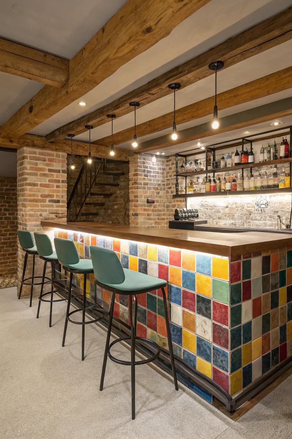 A statement backsplash adds a touch of personality to the bar.