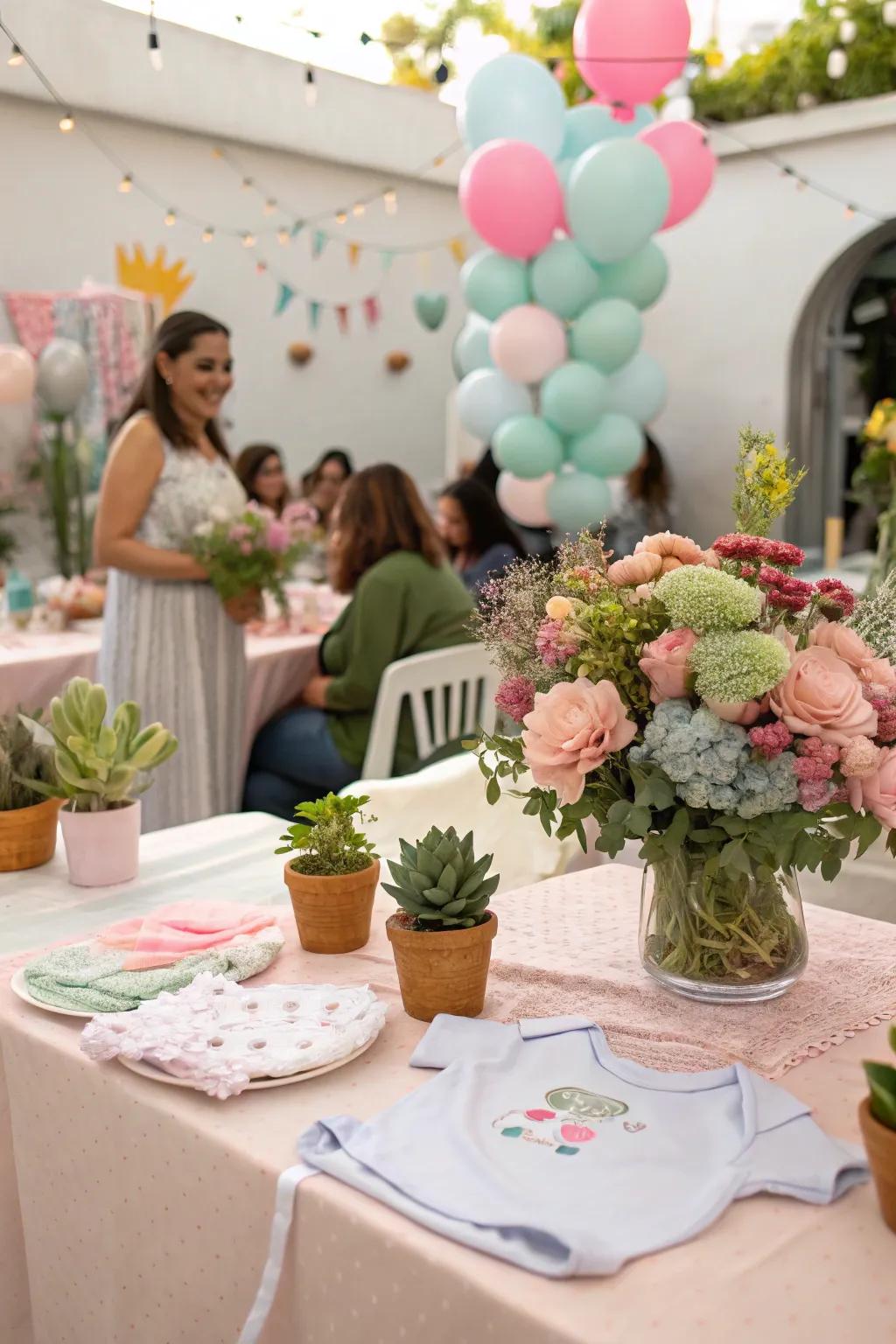 Lush floral arrangements featuring a mix of real and artificial blooms.