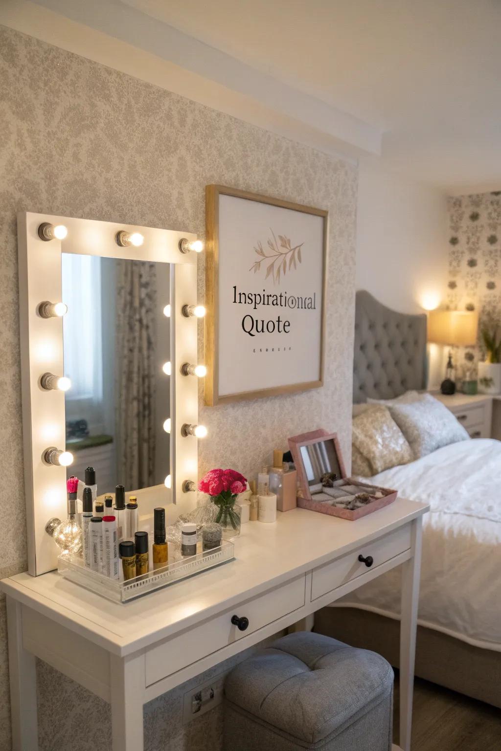 Inspirational wall art personalizes your vanity.