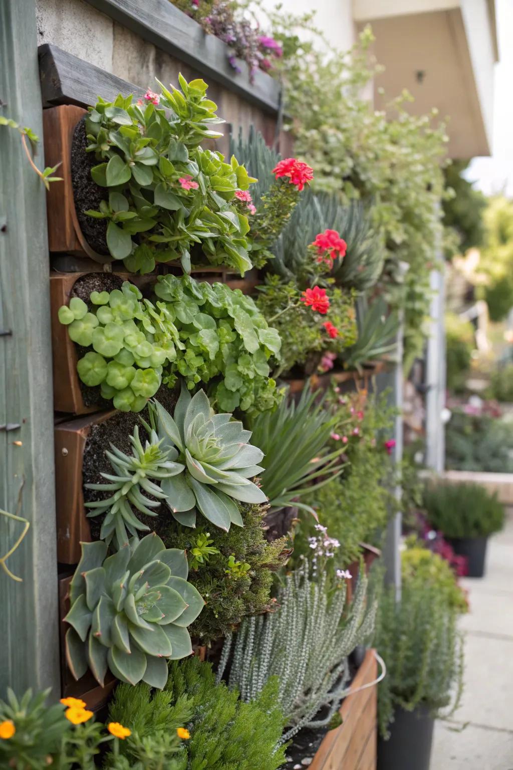 A vertical garden showcasing a mix of succulents, herbs, and flowers.