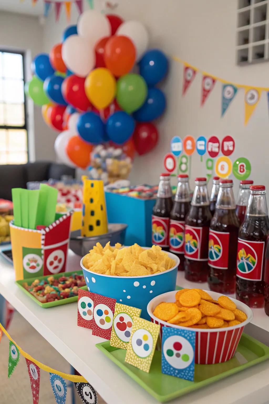 A creatively labeled snack station keeps the theme alive.