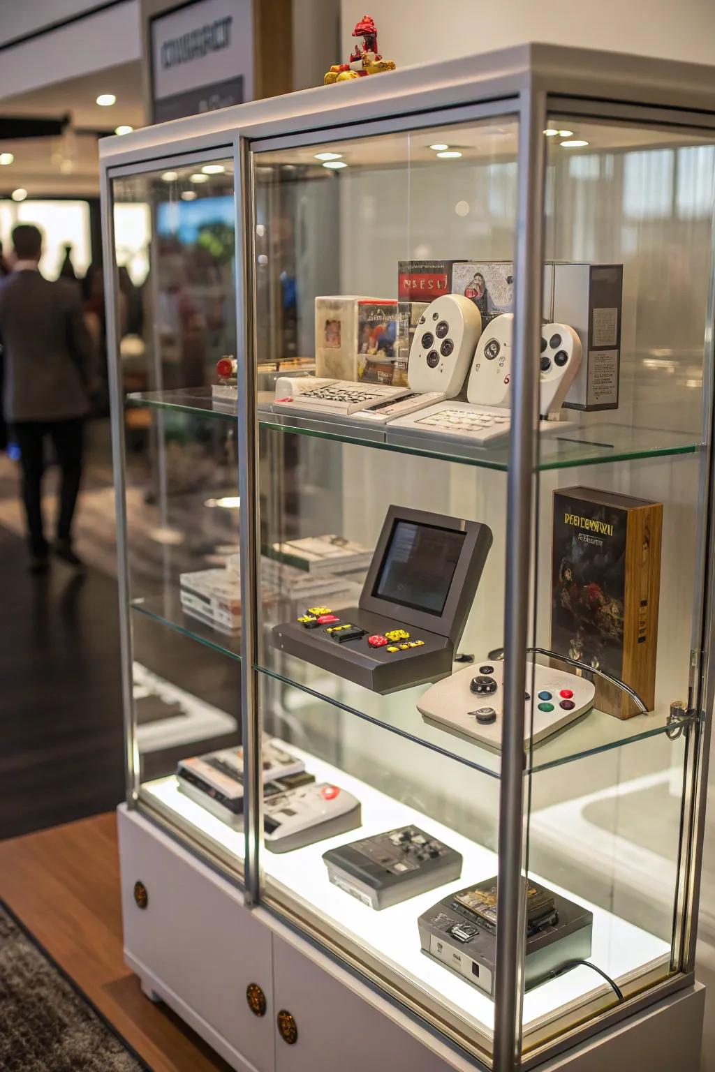 A glass display cabinet offering a clear view of video games and collectibles.