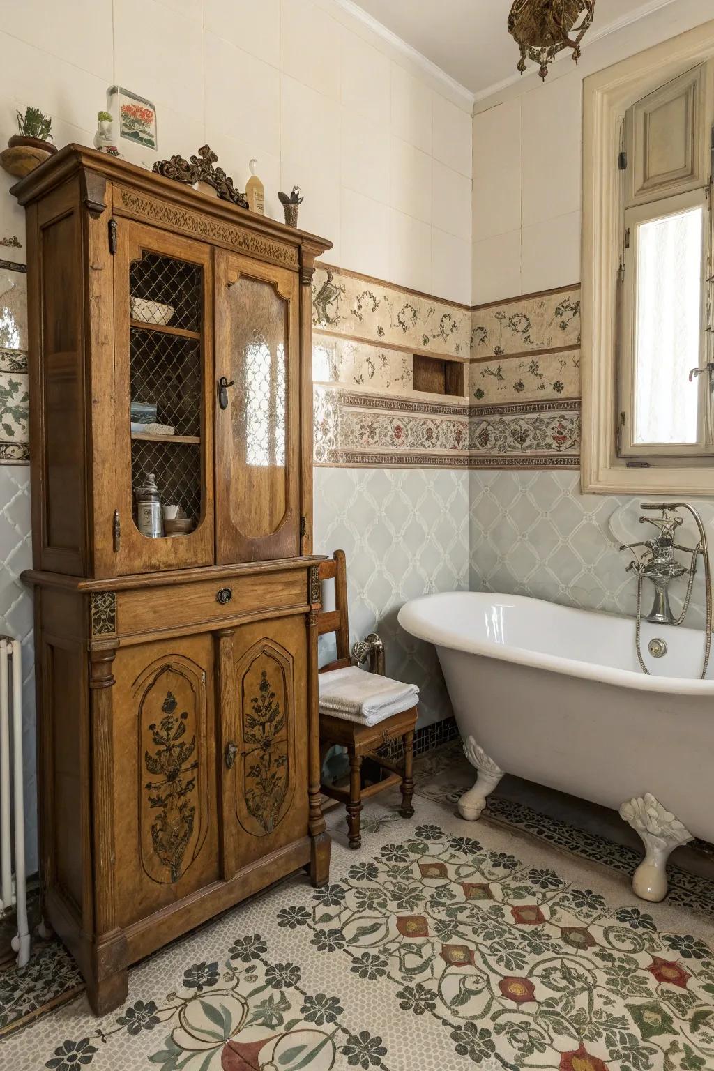 Freestanding cabinets bring rustic charm to vintage bathrooms.