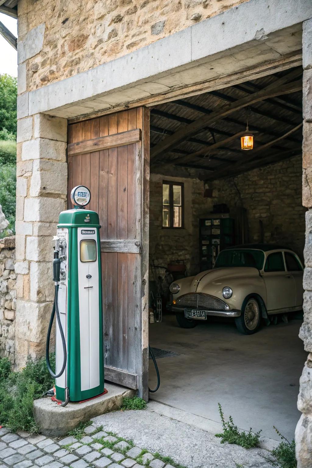 An old gas pump serves as a stunning nostalgic centerpiece.