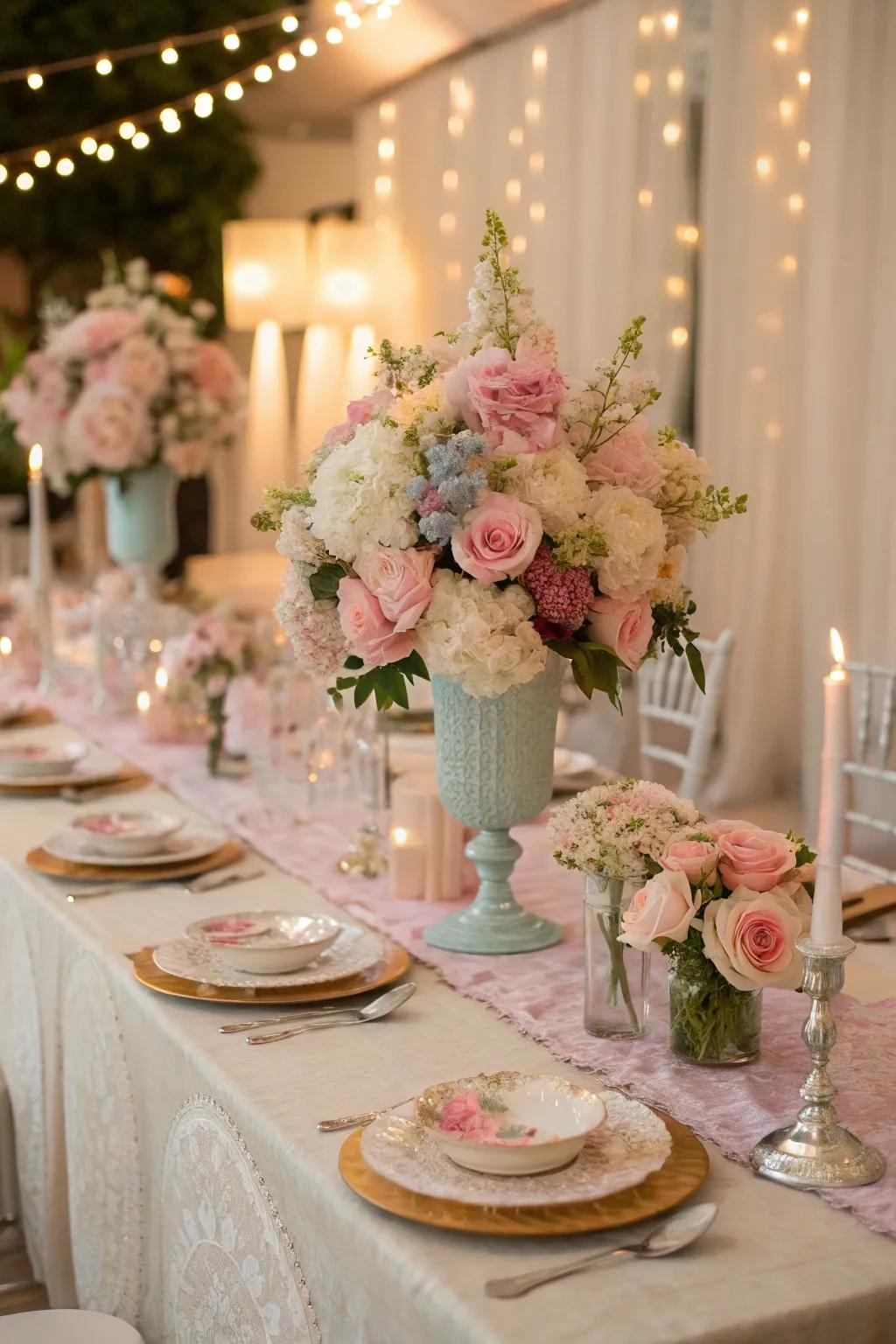 Elegant pastel floral centerpieces adding charm to the celebration.