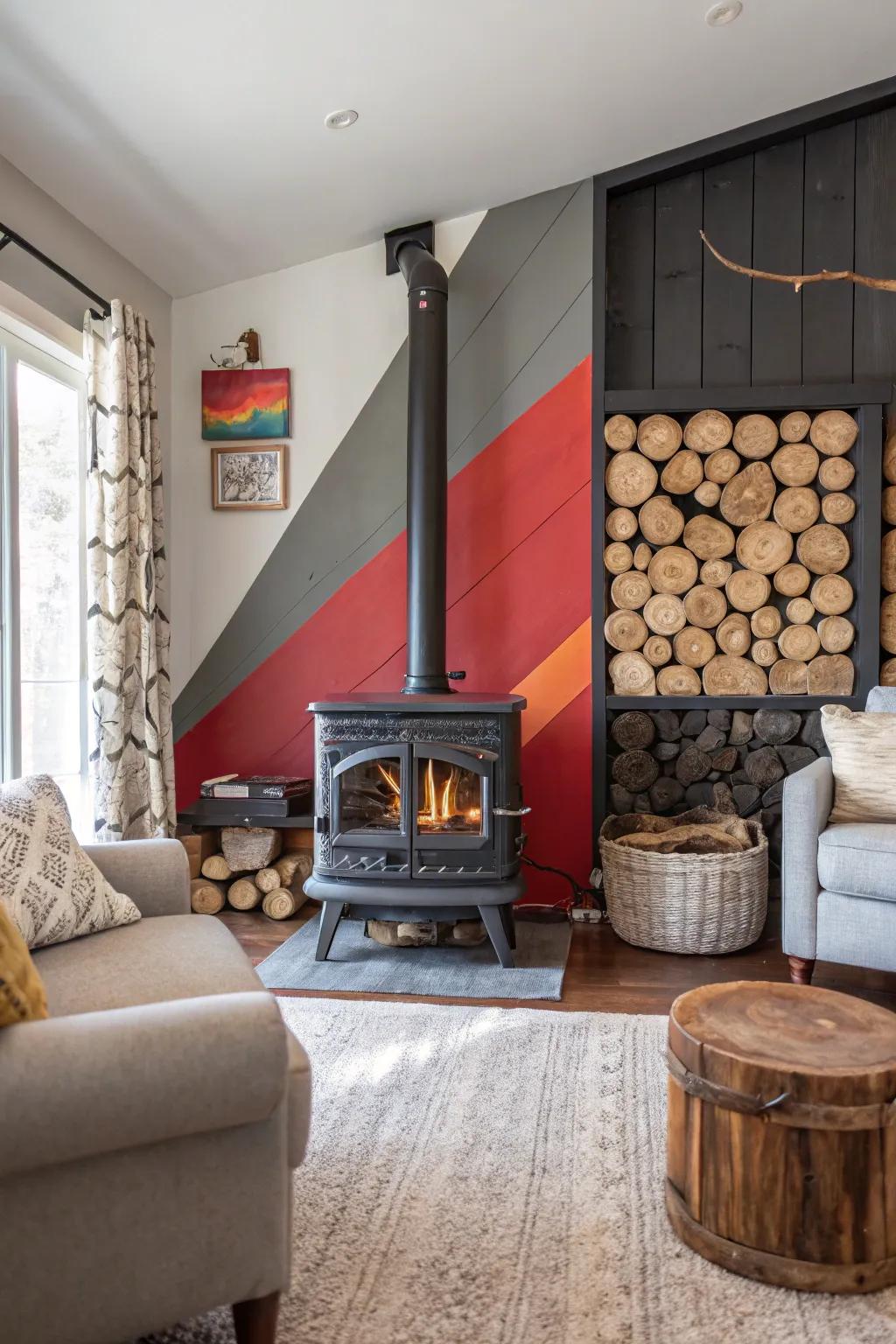 A bold accent wall can make your wood stove the center of attention.