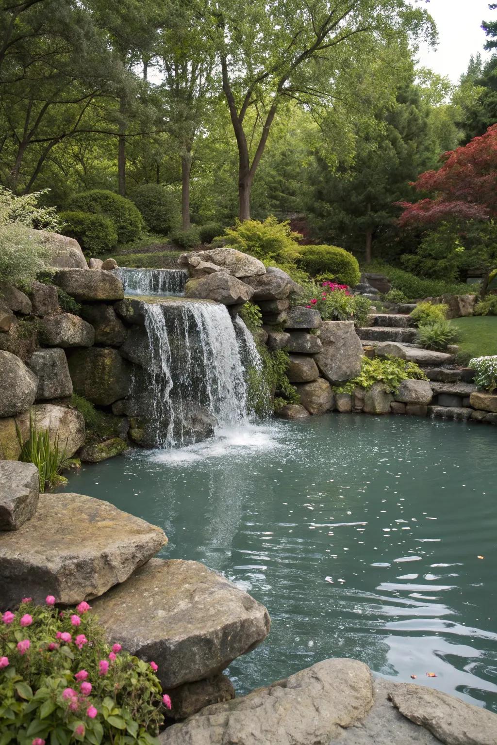 A serene garden pool with a stone waterfall gently flowing into it.