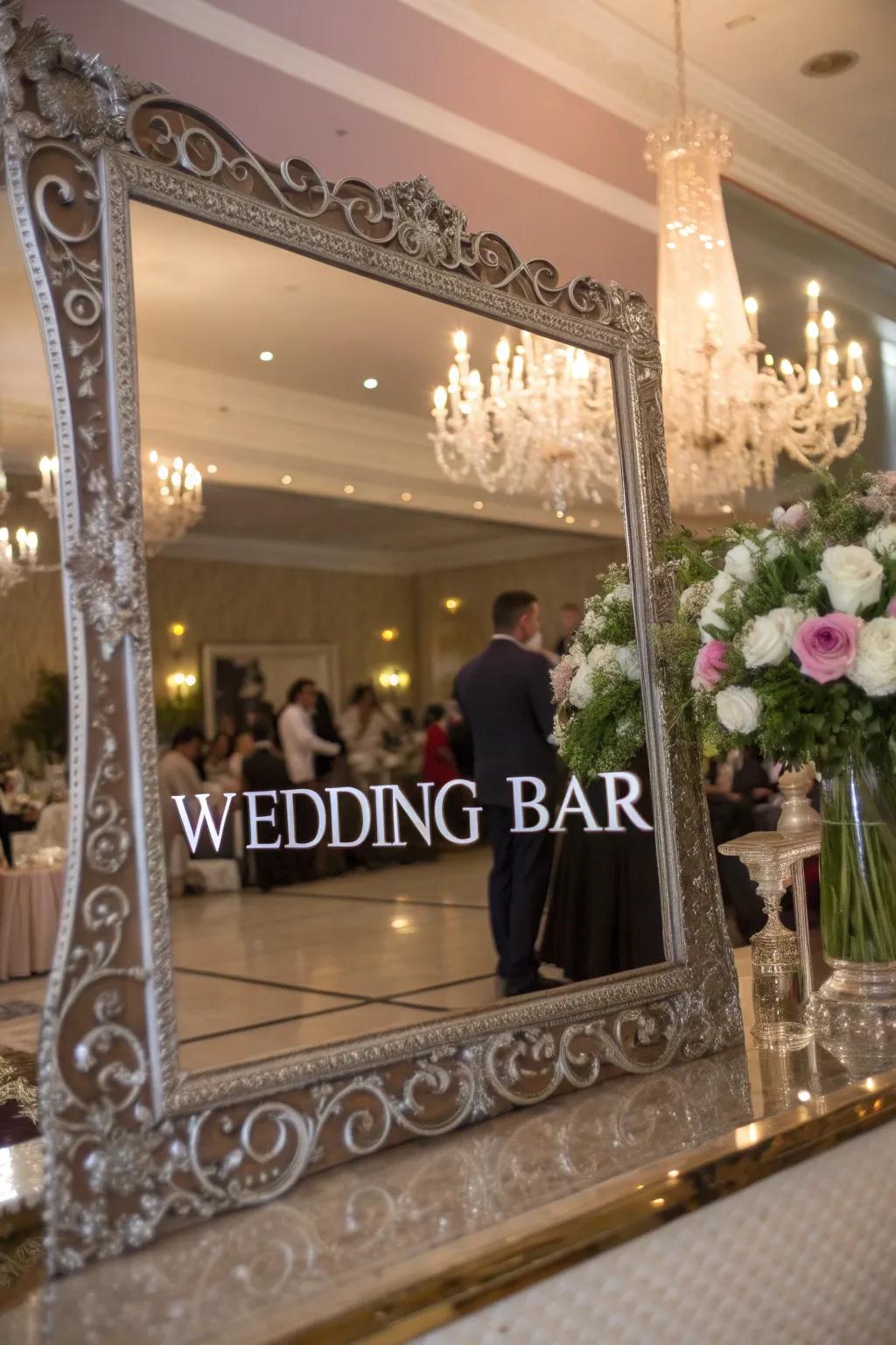 A mirrored bar sign reflecting the elegant decor.