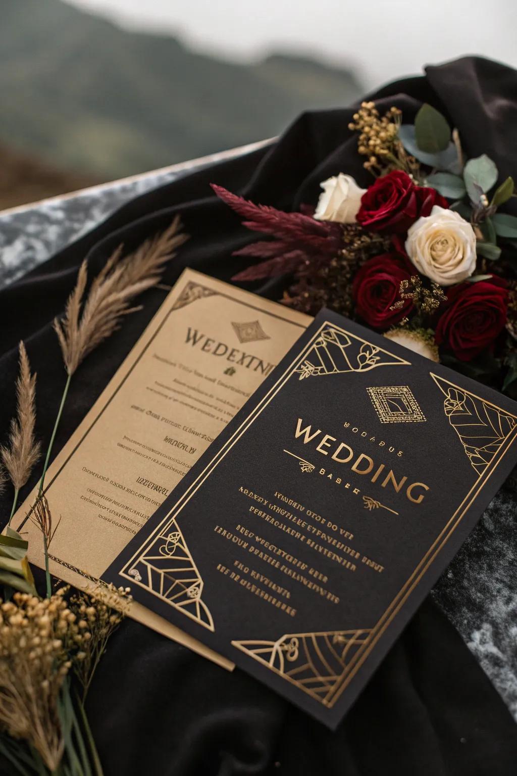 Moody wedding invitation with rich, dramatic colors.