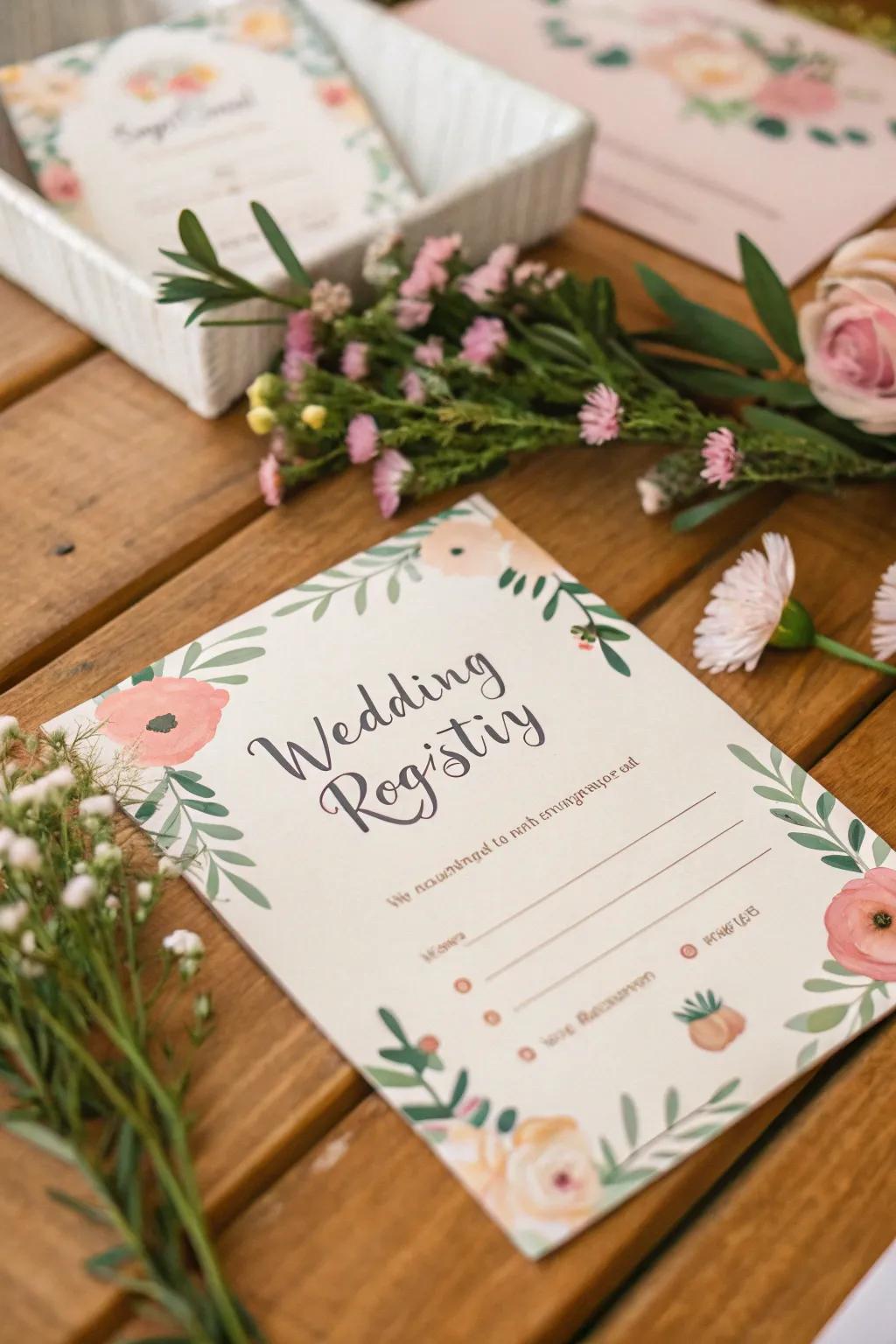 A registry card adorned with delicate floral elements.