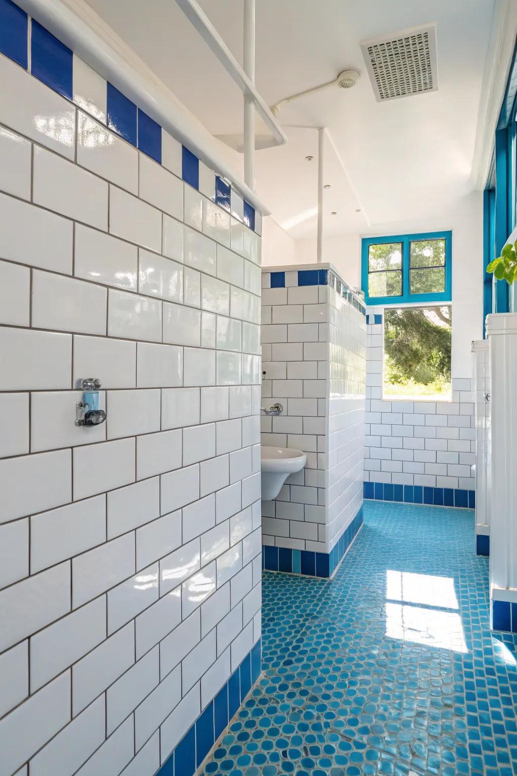 Blue grout adds a playful and vibrant touch to white tiles.