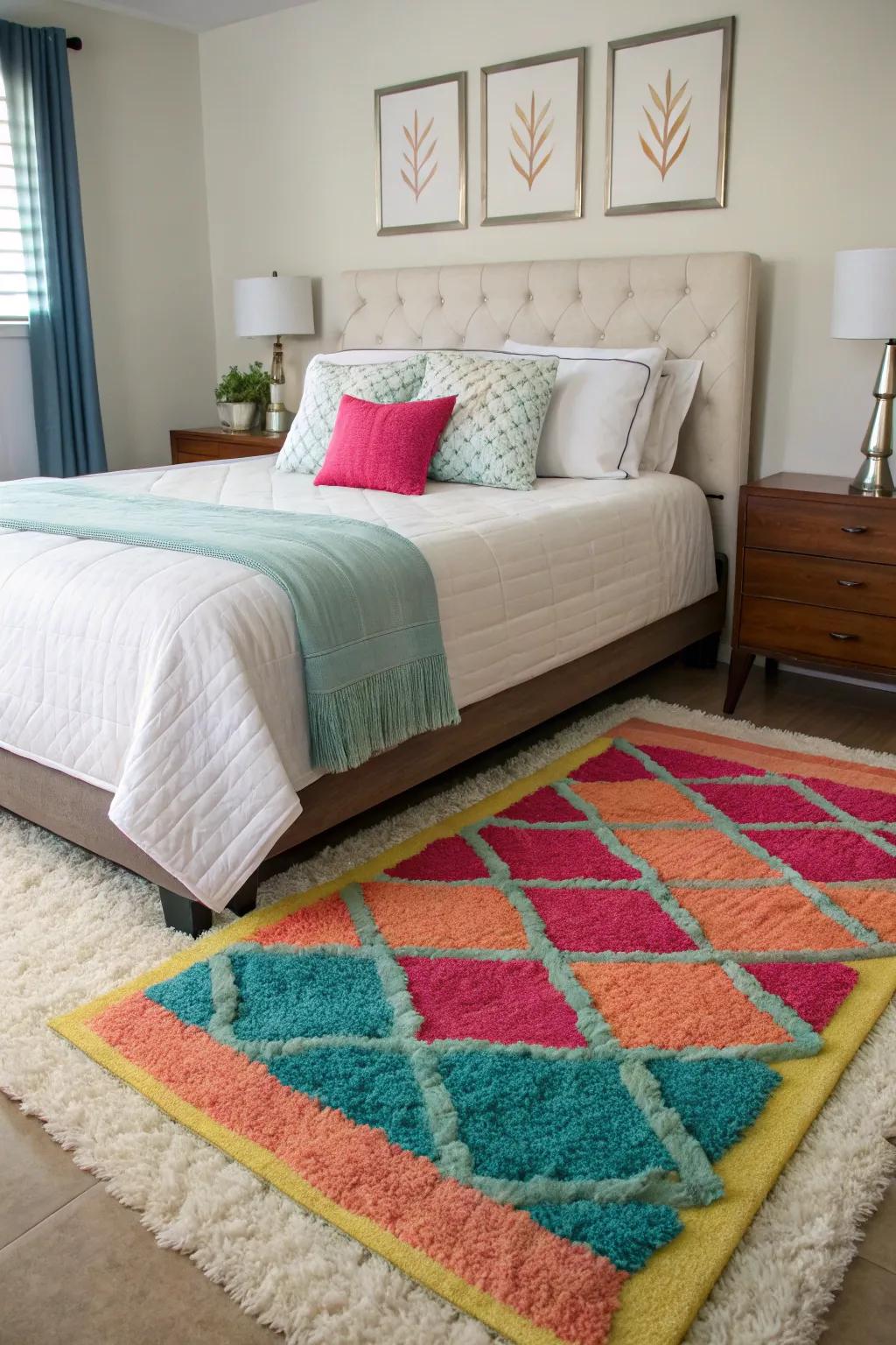 Two 4x6 rugs add an artistic and personalized touch to a unique bedroom arrangement.